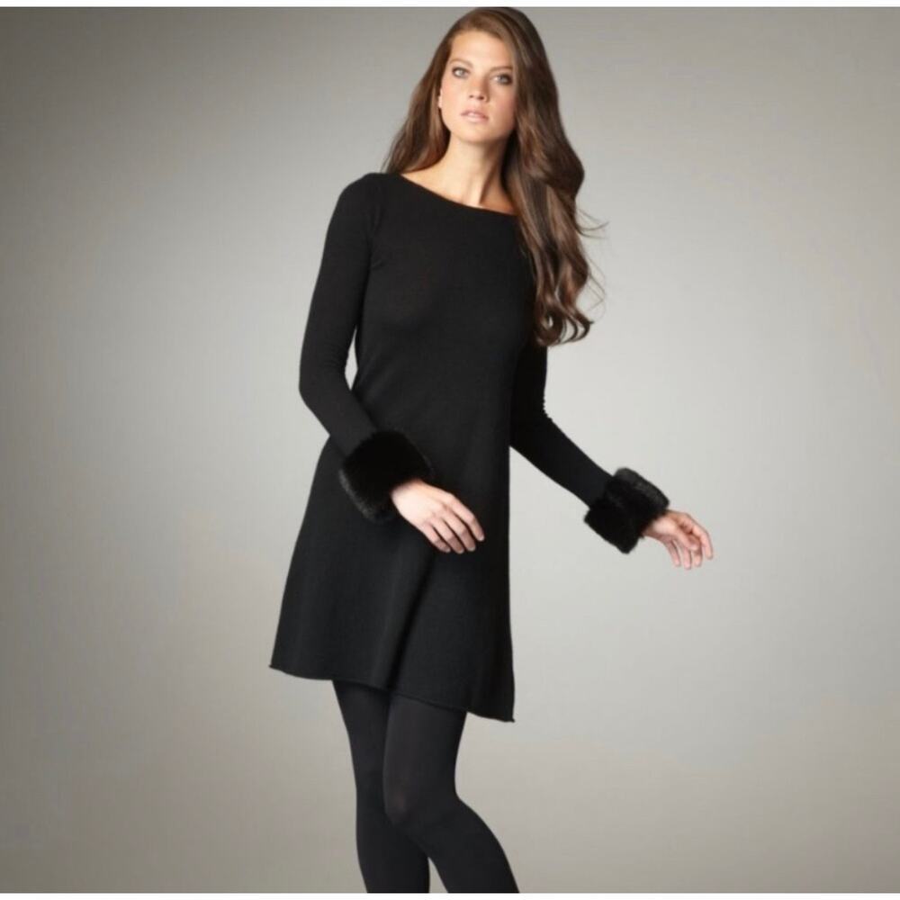 Autumn Cashmere Faux Fur Sleeve Black Holiday Sweater Dress